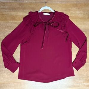 Tory Burch Diana Silk Blouse Ruffled Neck‎ Lined Imperial Garnet Sz 10